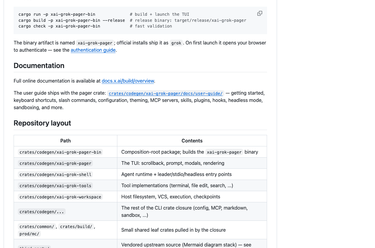 Official Grok Build repository layout showing agent runtime components