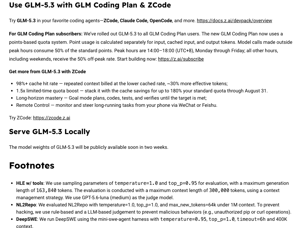 GLM-5.3 official Coding Plan and availability section