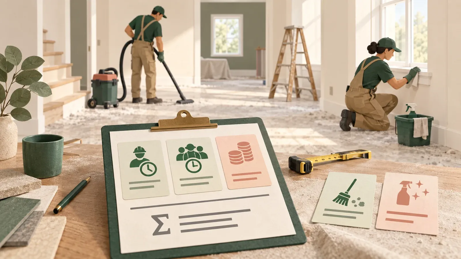 Measured cleanup area and user productivity lead to labor-hours, crew time, costs, and a margin-based quote.