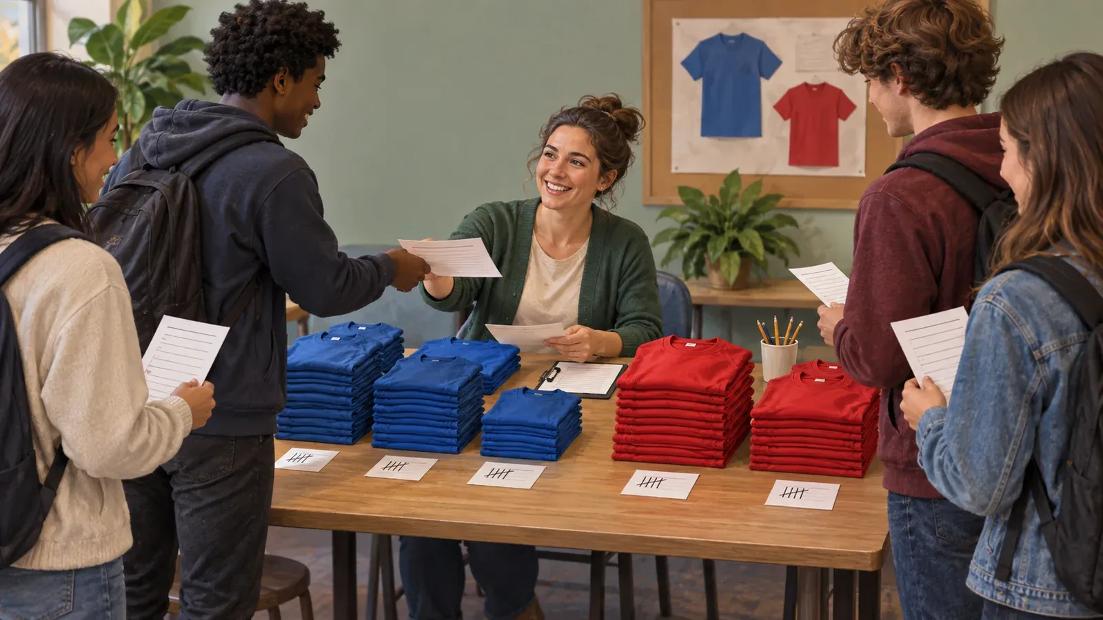 Organizer collecting shirt order forms by color and size