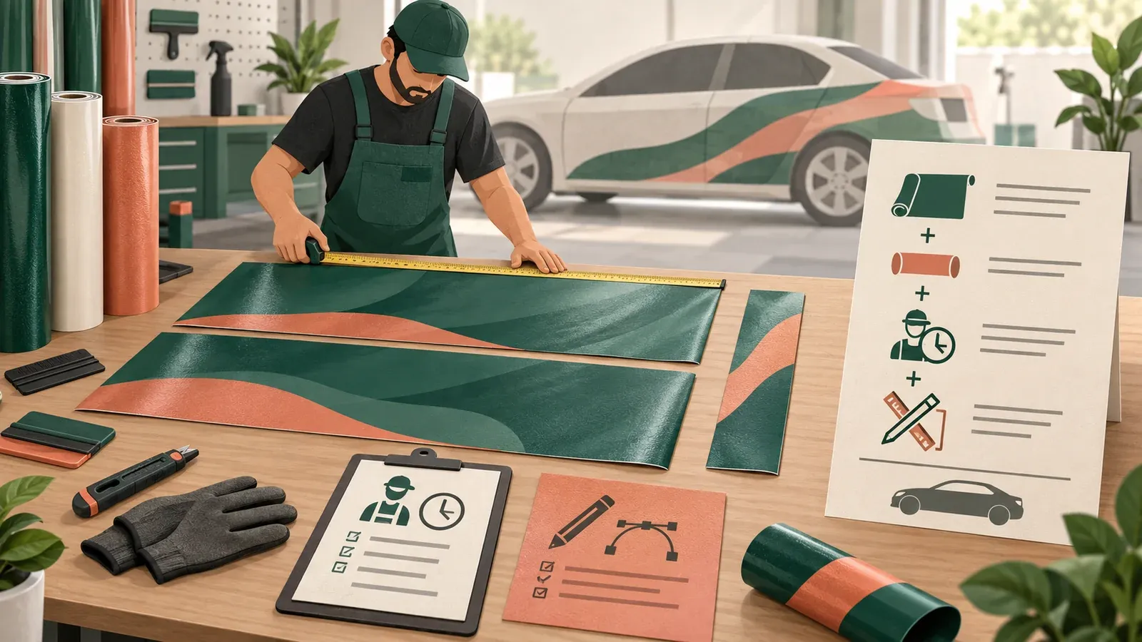Measured vehicle wrap panels become material area with waste, then combine with labor and fixed costs in a quote.