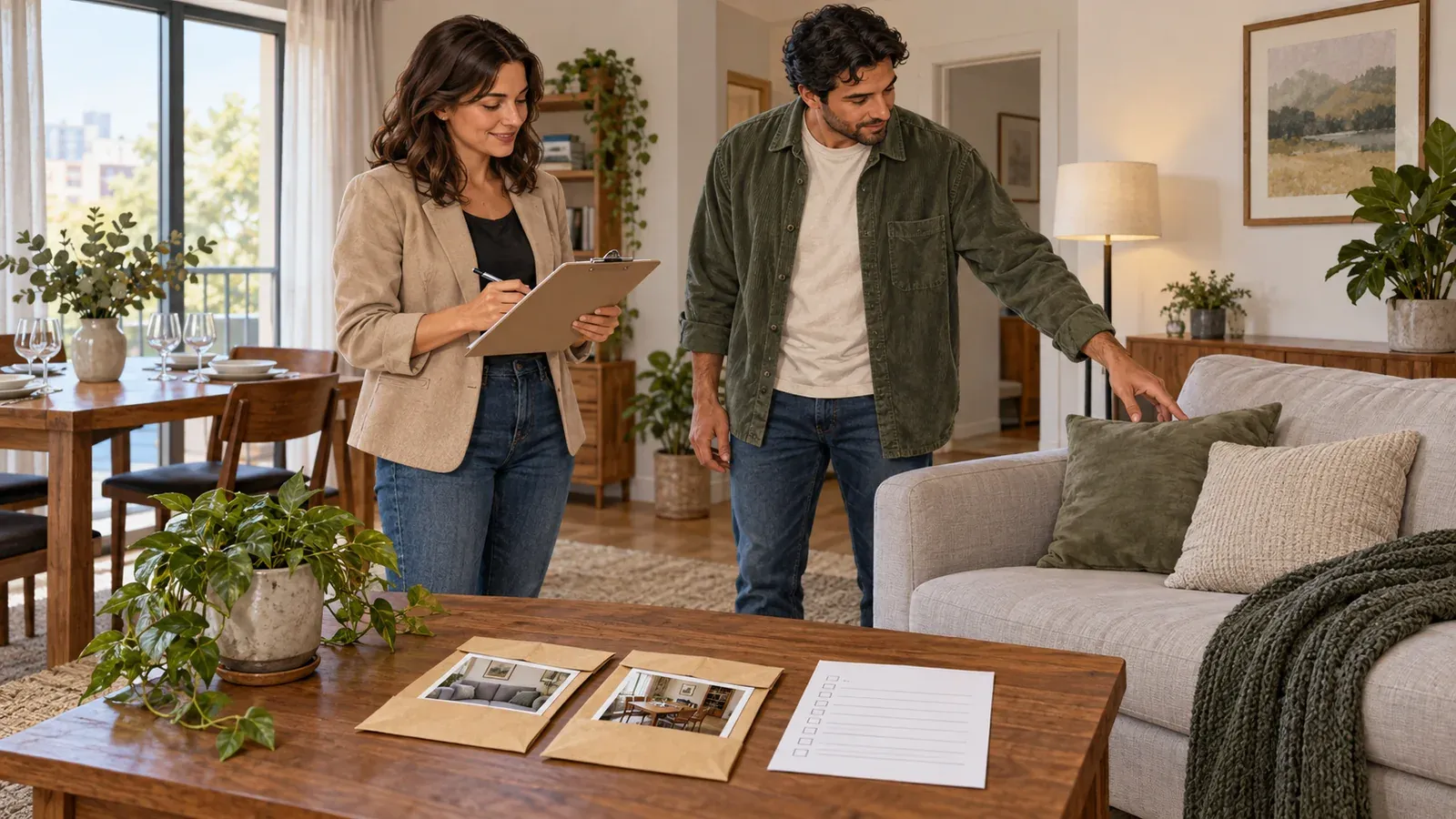 Manager and tenant reviewing a furnished apartment inventory