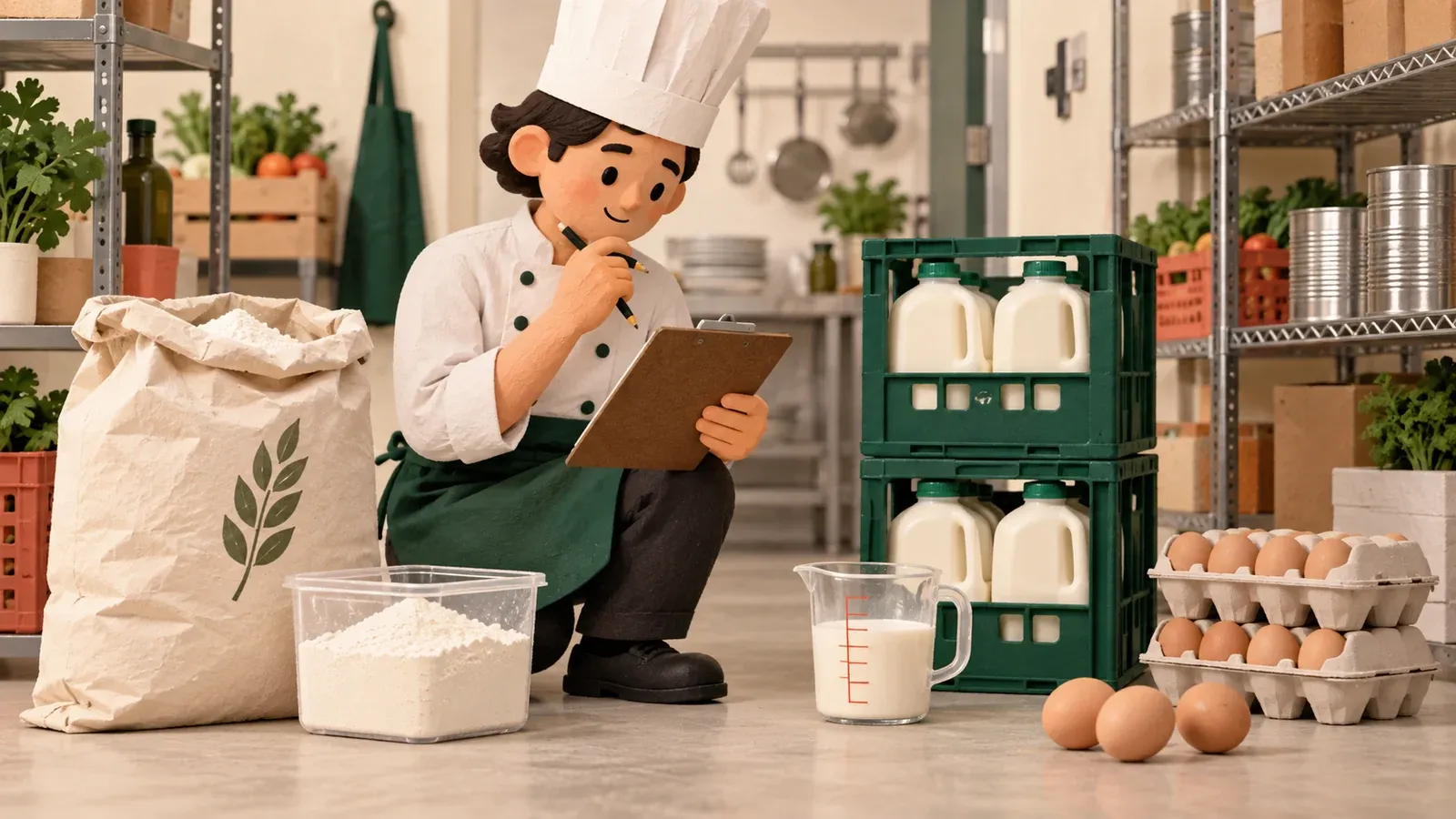 Illustration: Choose one base unit per ingredient, convert packages and loose stock, then round purchase packs up against a target.