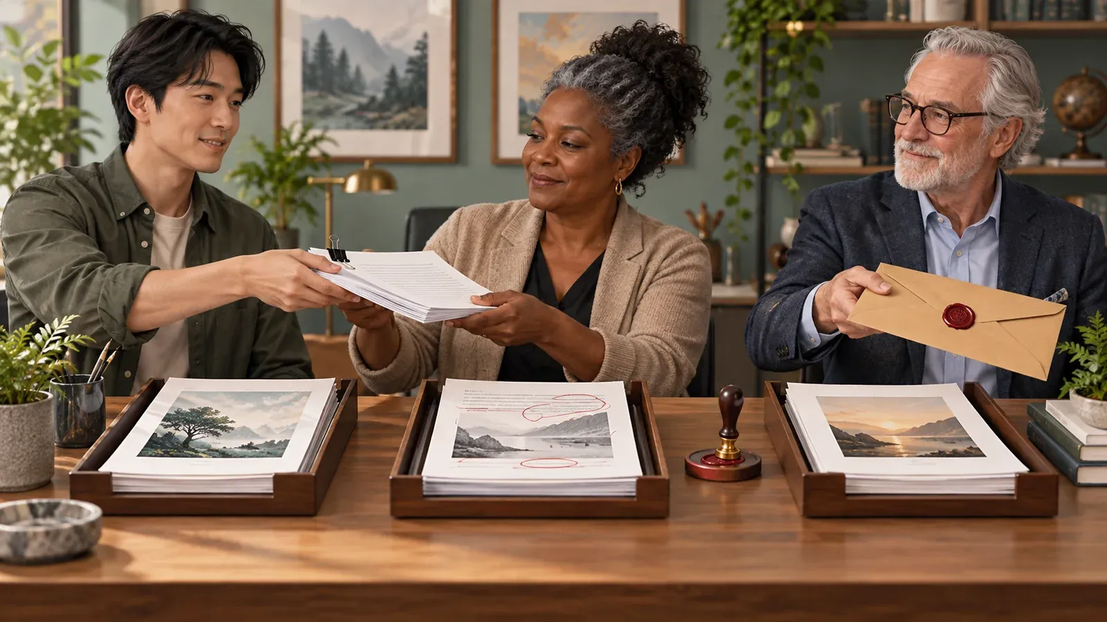 Author editor and publisher reviewing separate document versions