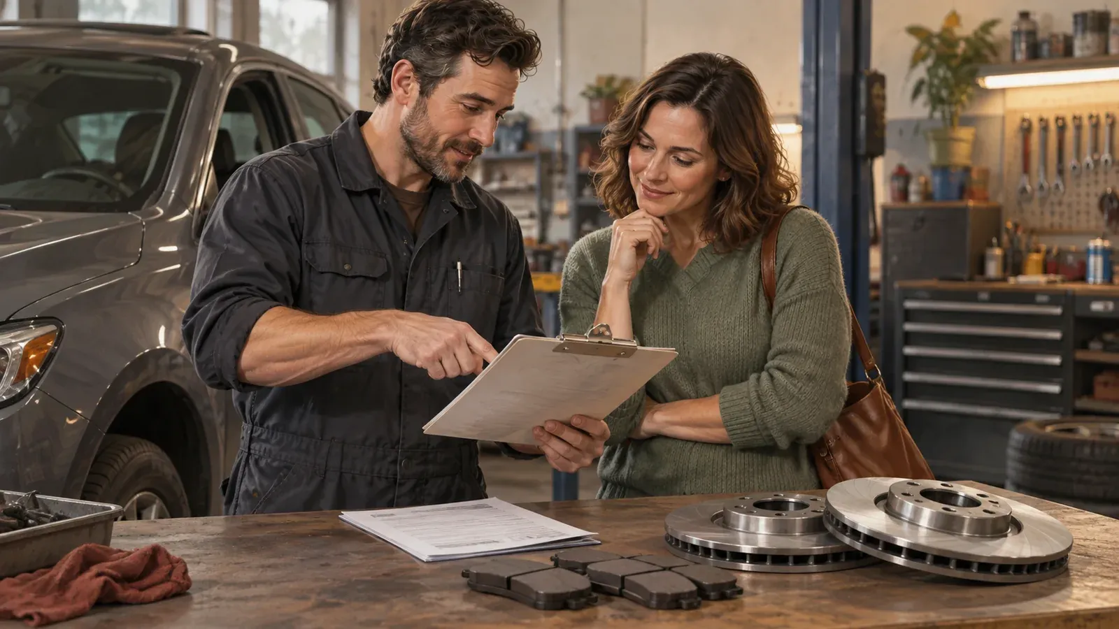 Repair adviser and customer reviewing a vehicle estimate