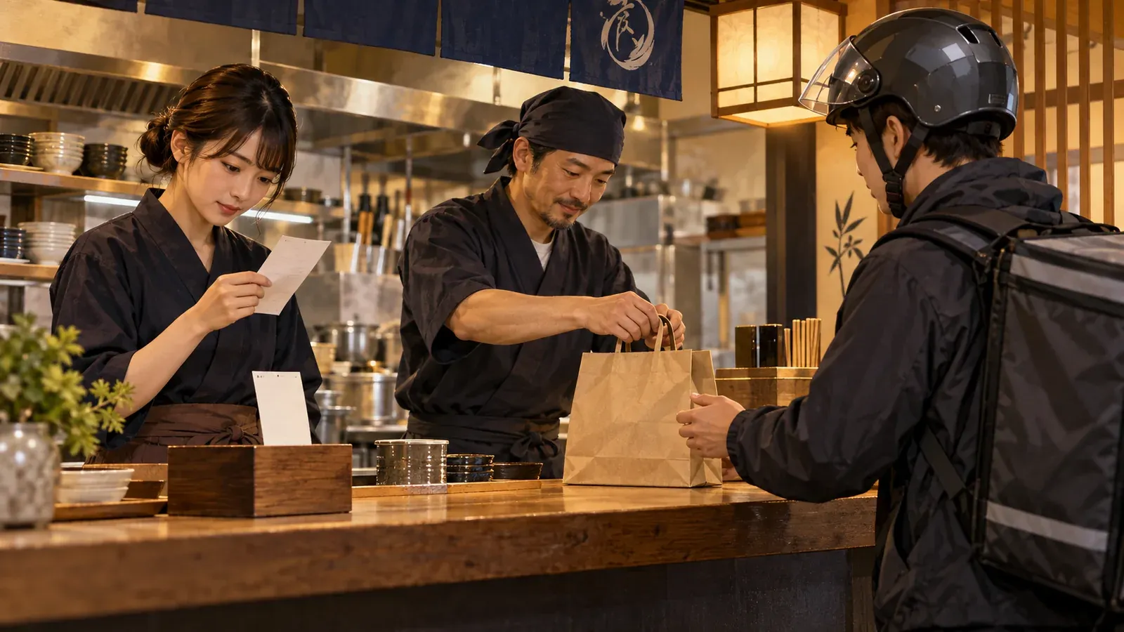 Restaurant staff checking an order before a delivery handoff
