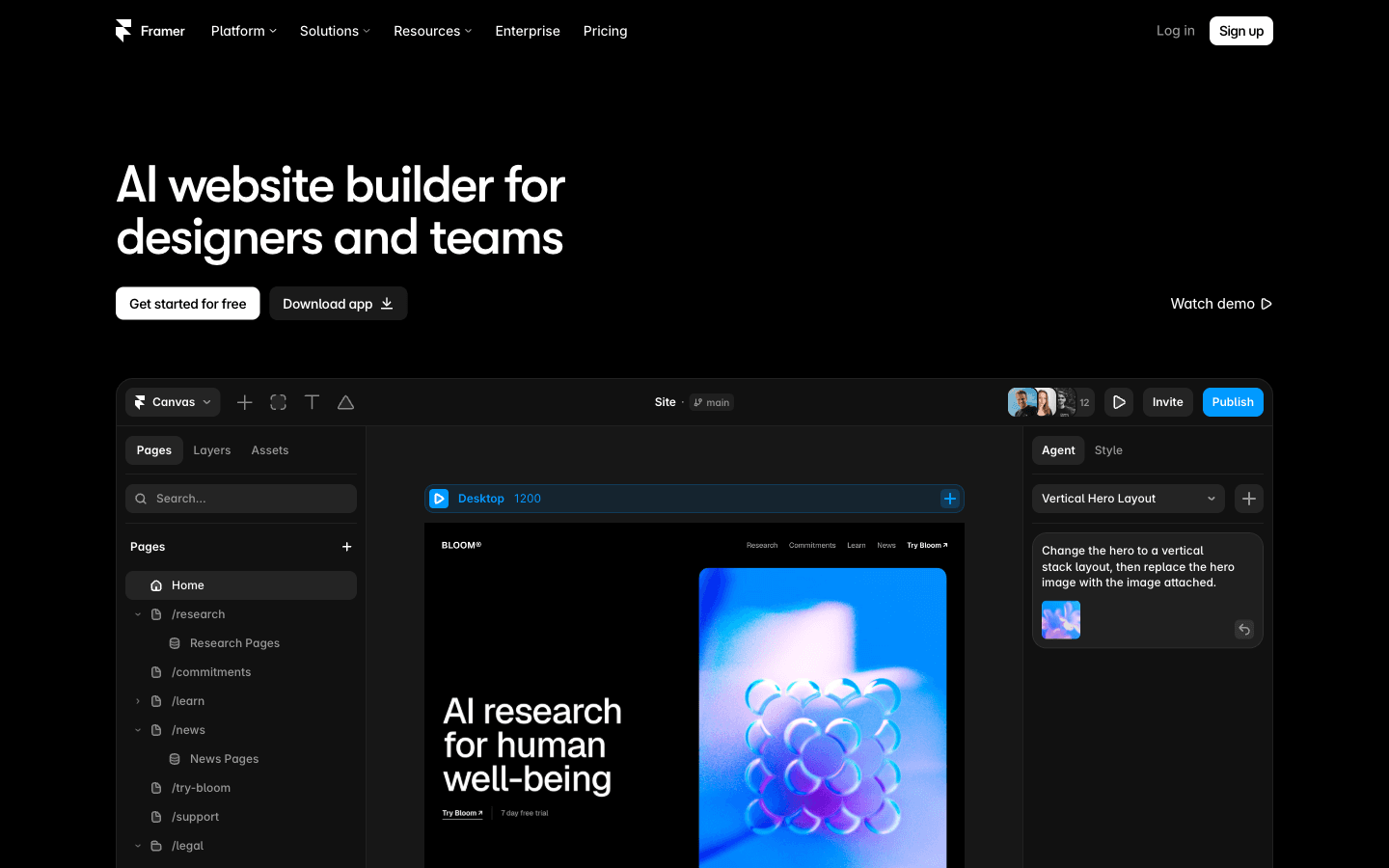 Framer AI canvas agent