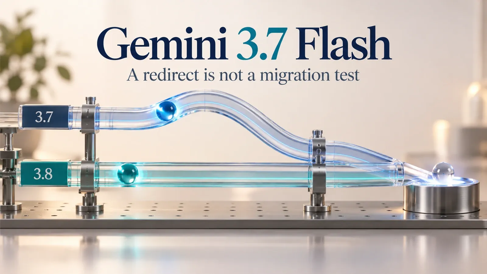 Gemini3.7Flash title above separate labeled3.7 and3.8 glass routing paths.