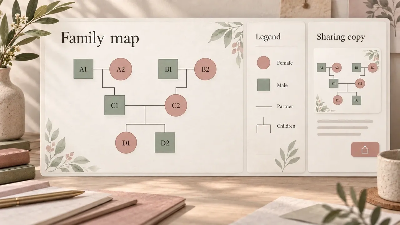 Conceptual anonymous family-map editor with a separate sharing copy.
