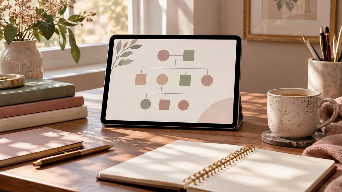 A calm study desk with an anonymous family-relationship map on a tablet.
