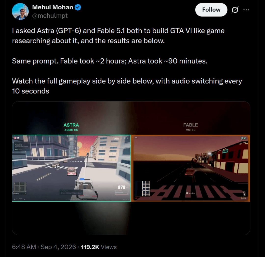 An X post comparing Astra and Fable GTA-style driving-game demos