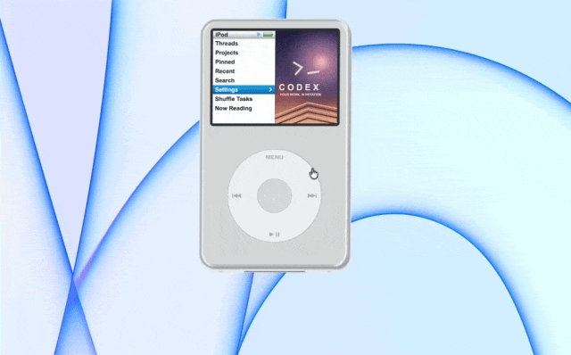 A silver iPod-style device displaying a Codex interface