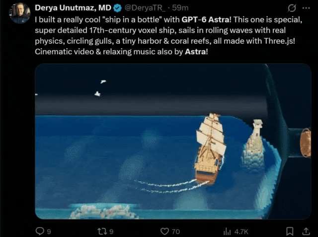 A ship-in-a-bottle scene built with Three.js and physics by GPT-6 Astra