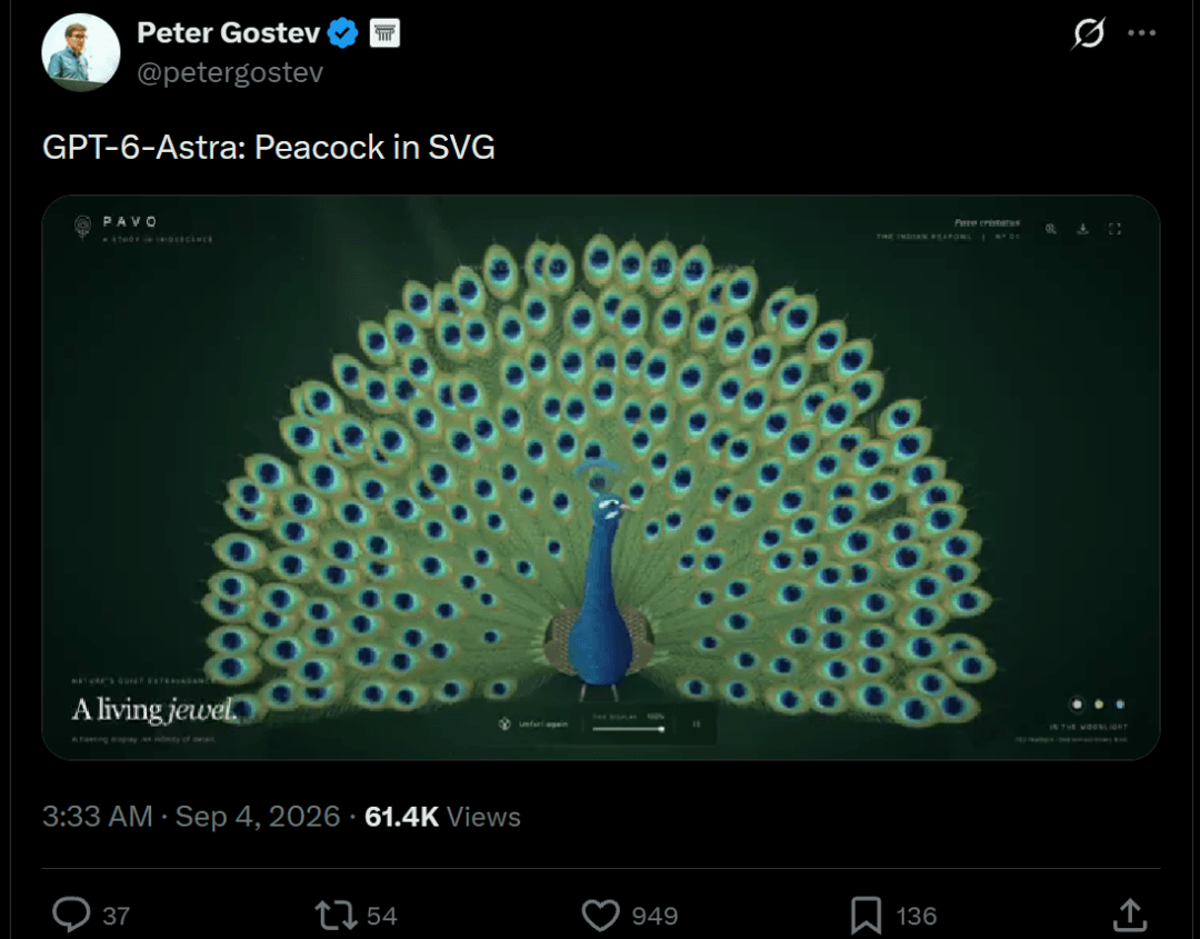 Peter Gostev's X post showing a peacock SVG visualization