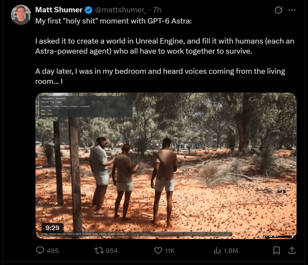 Matt Shumer's X post showing three agents in an Unreal Engine woodland simulation