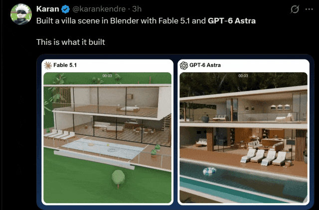 Side-by-side renders of a modern pool villa labeled Fable 5.1 and GPT-6 Astra