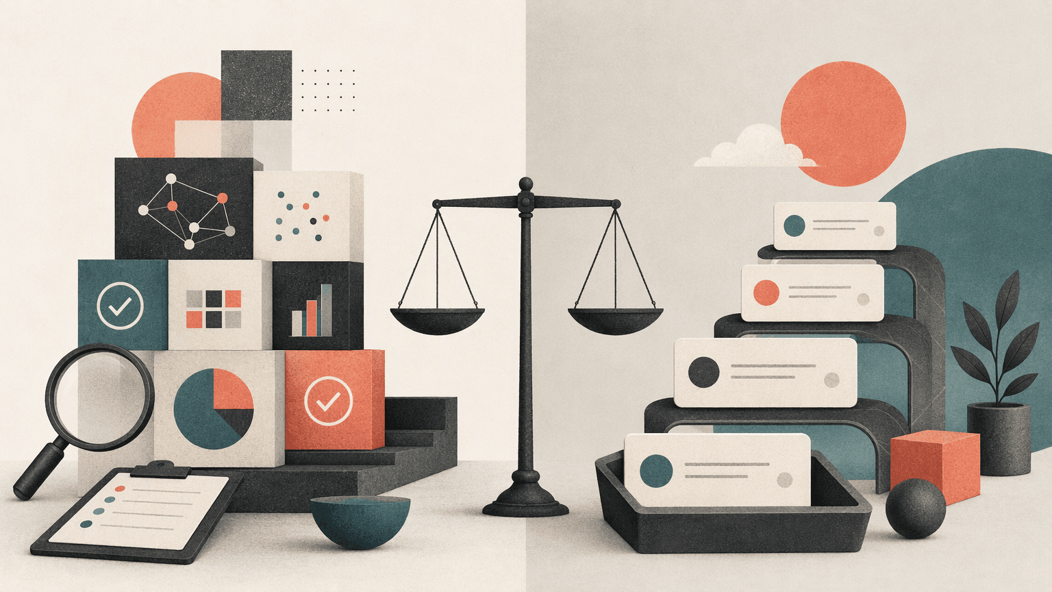 Editorial illustration comparing structured model evaluation with streamlined AI workflow delivery