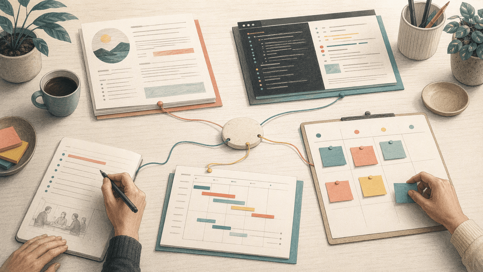 Editorial workplace illustration connecting meeting notes, research, code review, and project planning