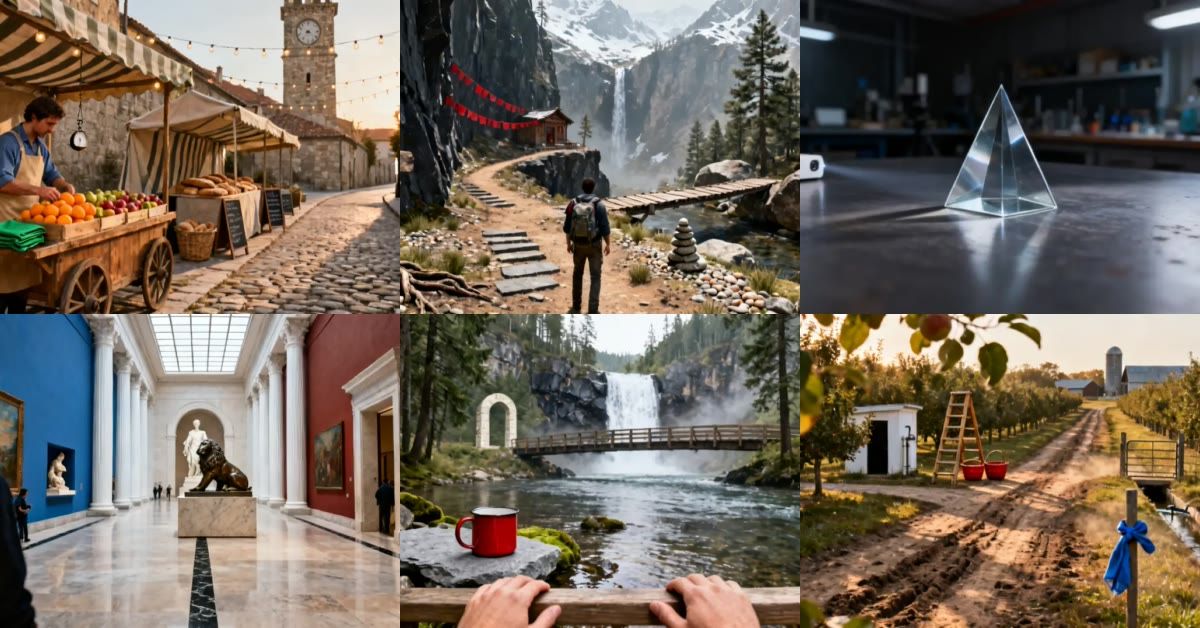 Six visual worlds used to represent HarnessEval-W evaluation cases