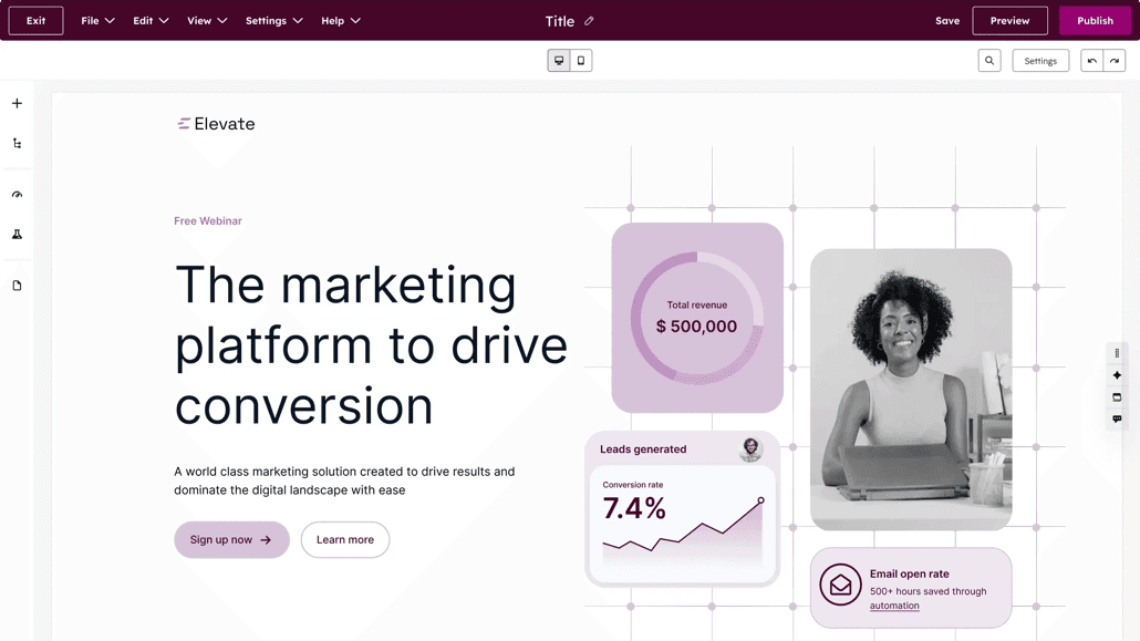 HubSpot landing page builder interface