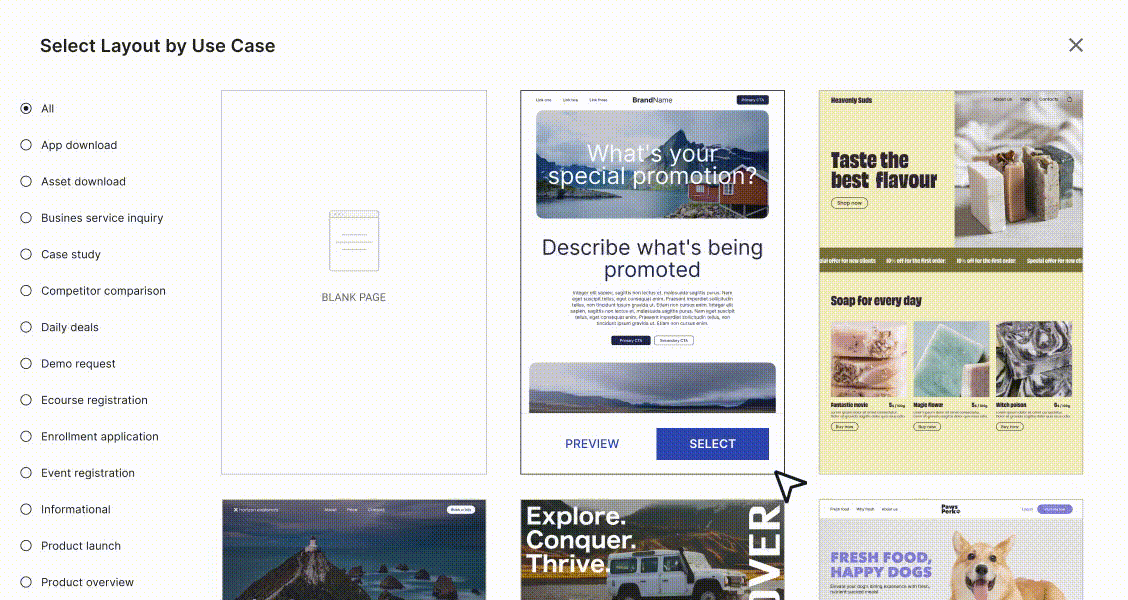 Instapage landing page template selection