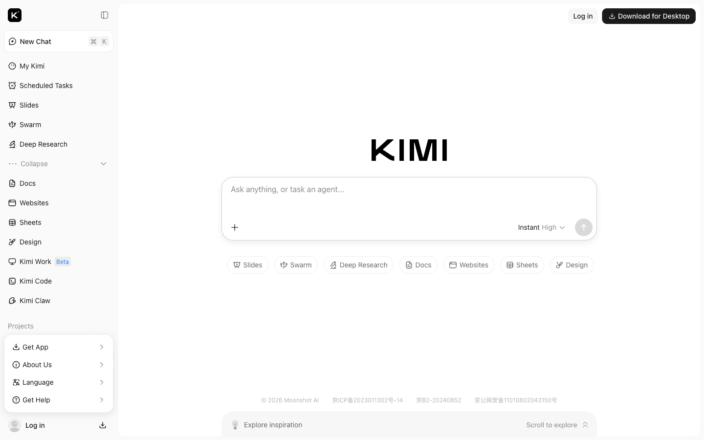 Kimi AI agent workspace interface