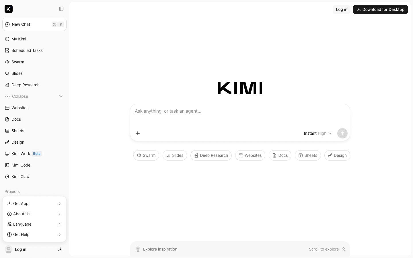 Kimi Deep Research product page screenshot