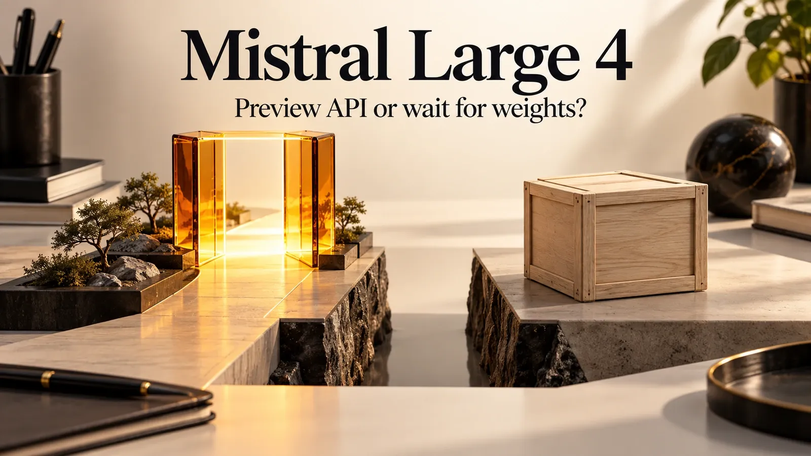 Mistral Large4 title above a lit open preview and a closed wooden weights box.