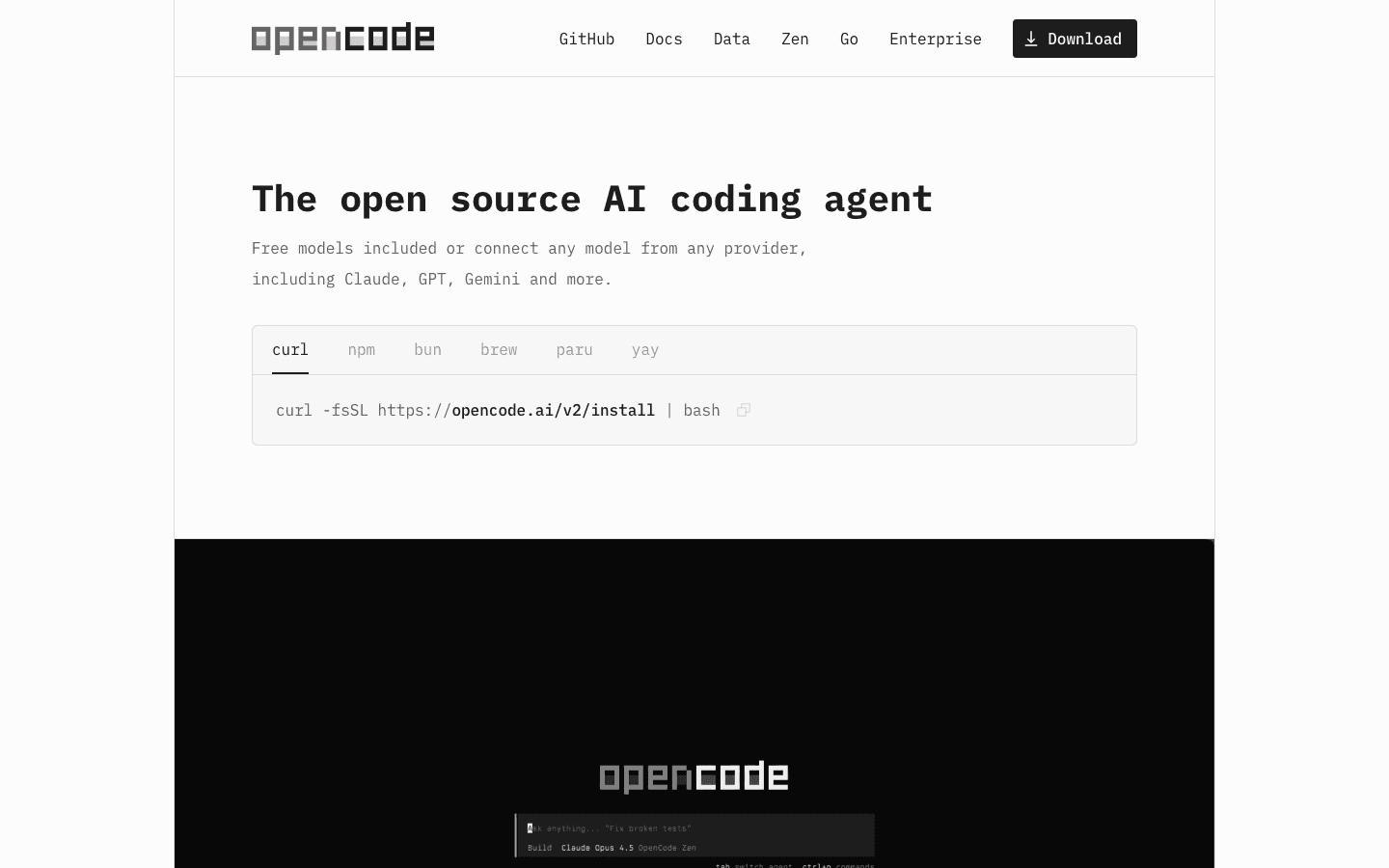 OpenCode terminal coding agent homepage