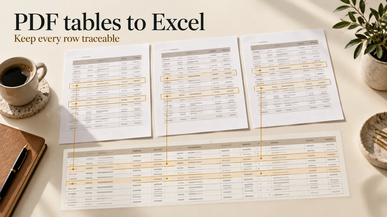 Paper PDF tables arranged across pages above a reconciled spreadsheet, labeled PDF tables to Excel.