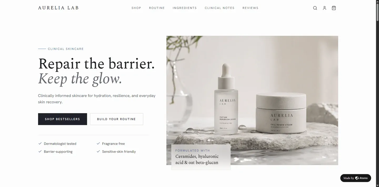 Create a premium AI e-commerce website for “AURELIA LAB”, a high-performance skincare brand focused on barrier repair, hydration, and clinically informed formulas.
