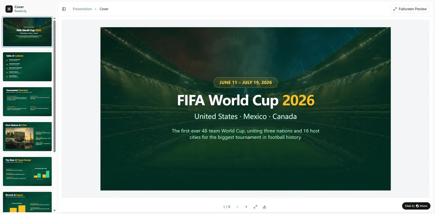 World Cup 2026 Slides example built with Atoms