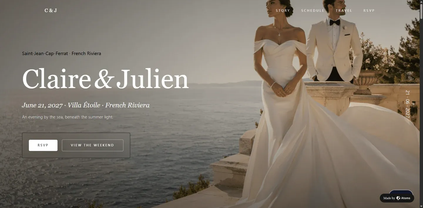 Create a premium static wedding website for “Claire & Julien”, a French Riviera destination wedding.