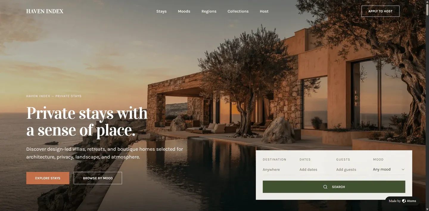 Create a premium static marketplace website for “HAVEN INDEX”, a luxury retreat and private villa marketplace.