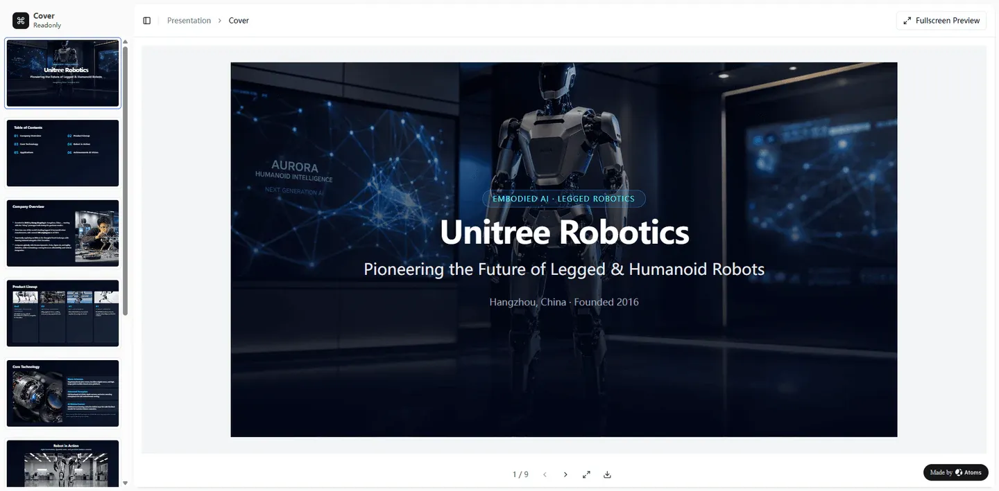 Unitree Robotics Slides example built with Atoms