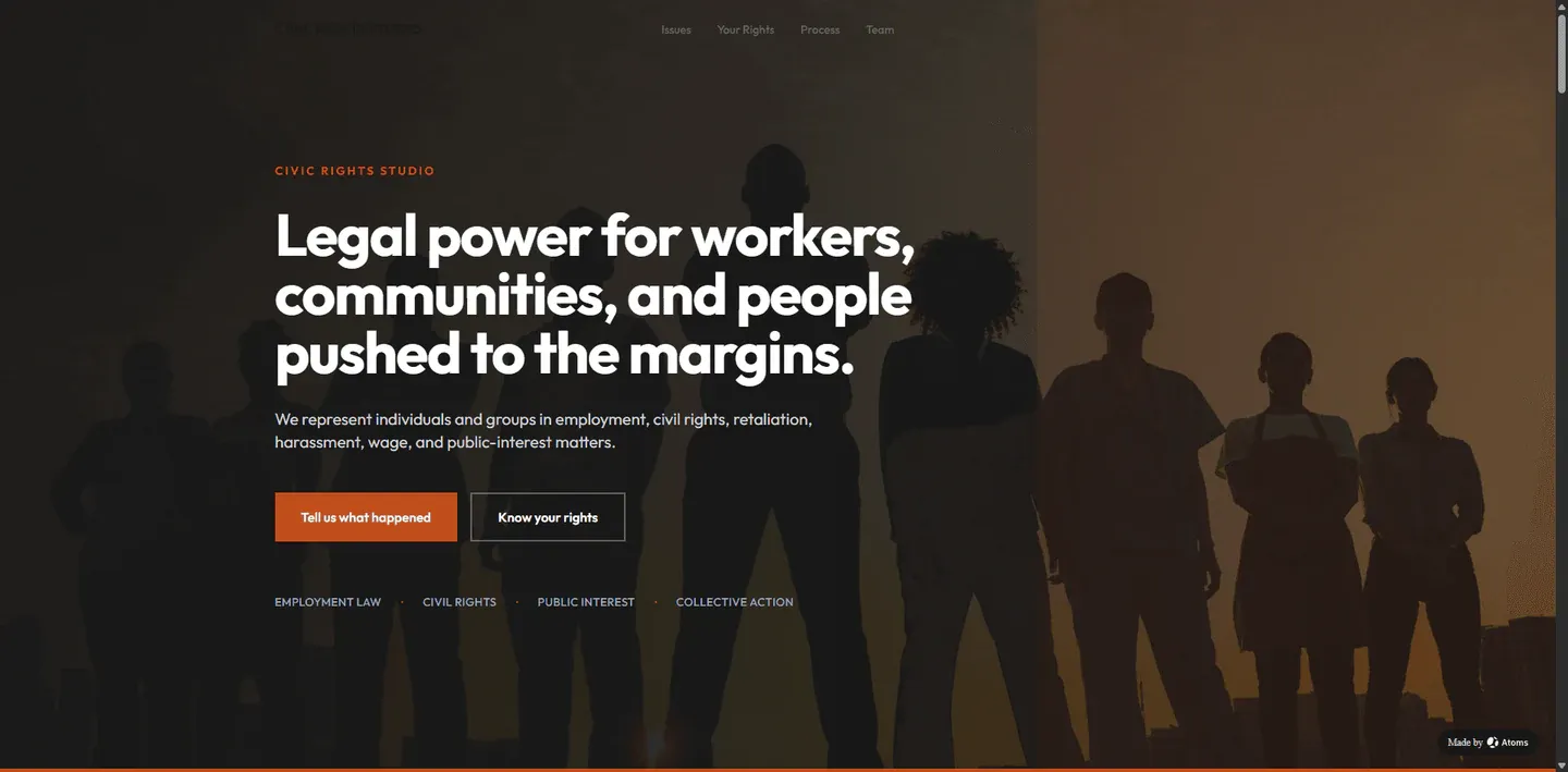 Create a premium static website for “CIVIC RIGHTS STUDIO”, a modern civil rights and employment law practice representing workers, communities, and organizations in discrimination, harassment, retaliation, wage, and public-interest matters.