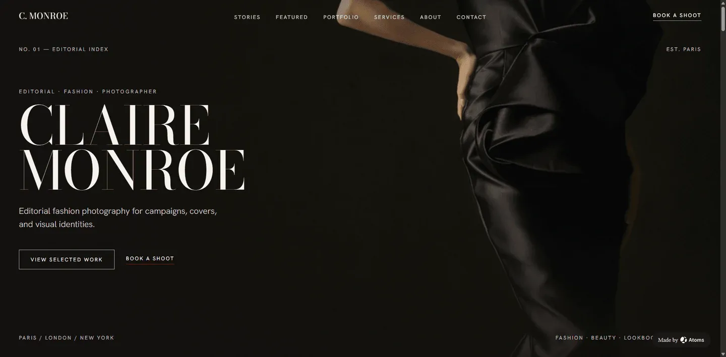Create a premium static website for “CLAIRE MONROE”, an editorial fashion photographer based between Paris, London, and New York.