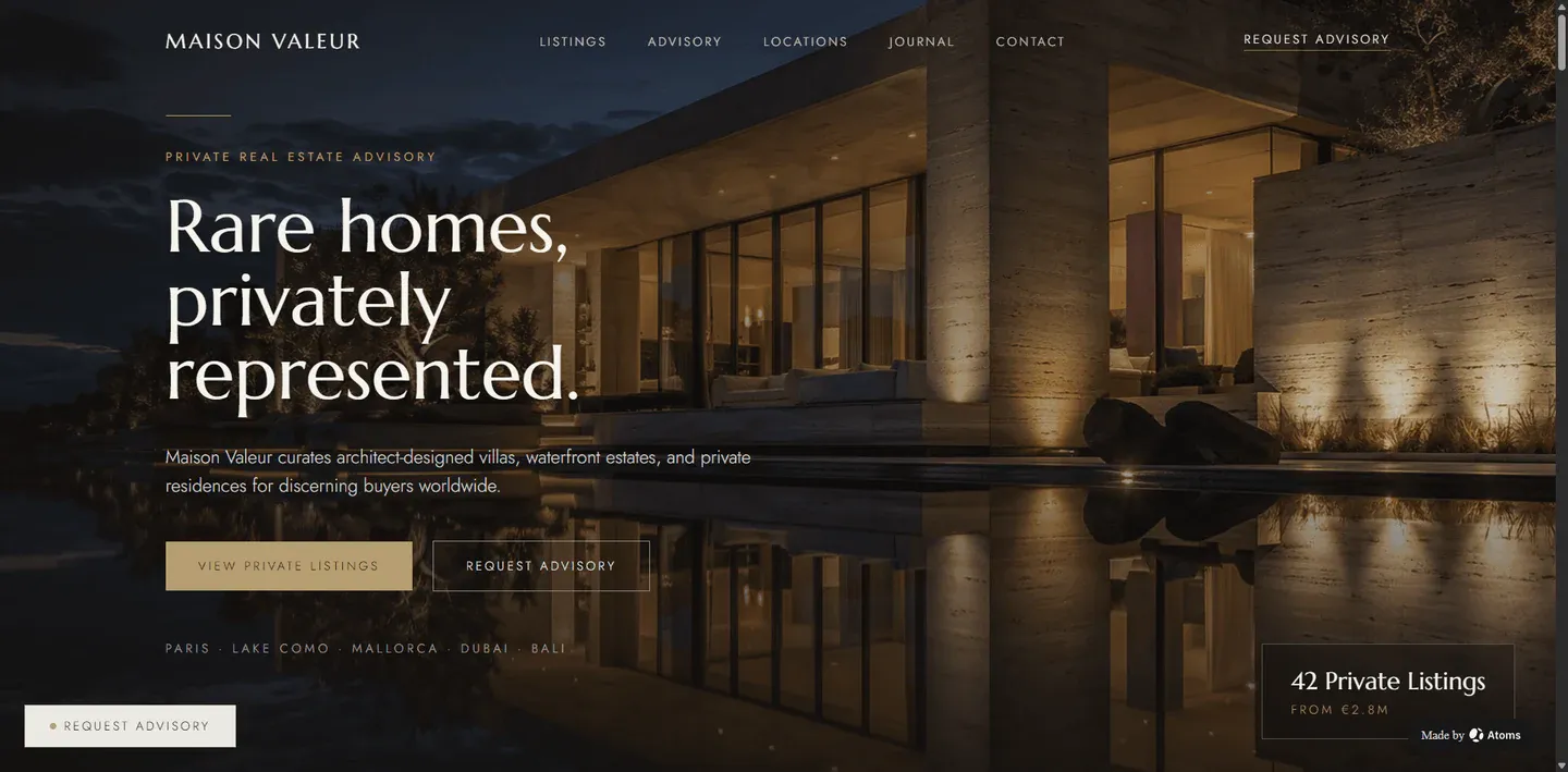 Create a premium static website for a luxury villa brokerage brand called “Maison Valeur”.