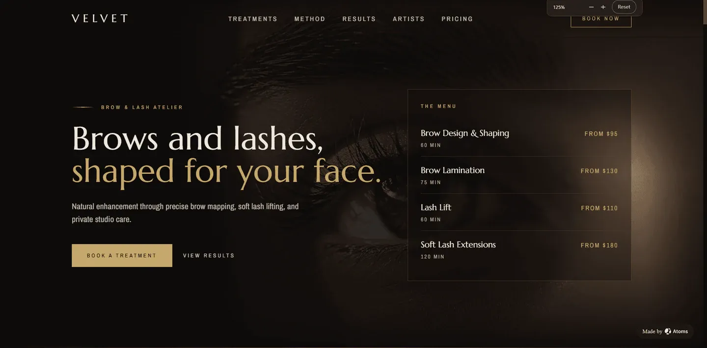 VELVET Brow & Lash example built with Atoms