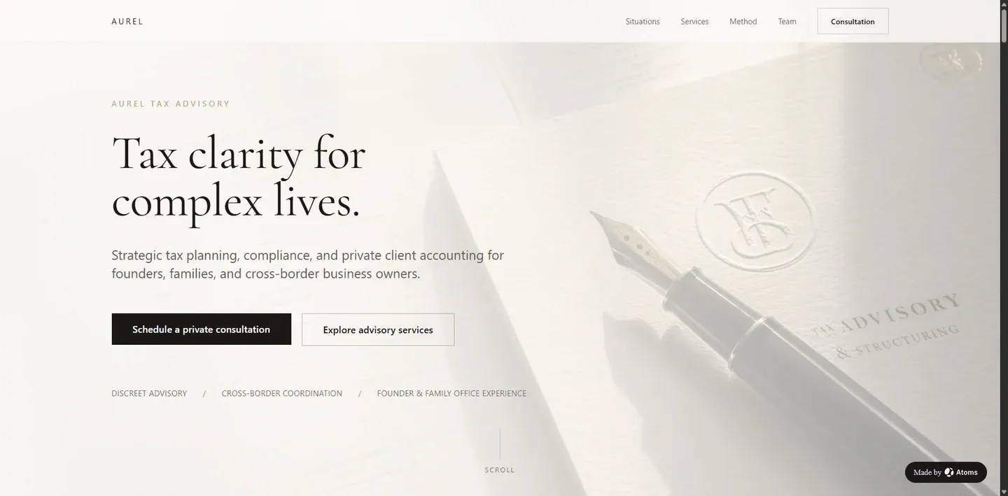 Create a premium static website for “AUREL TAX ADVISORY”, a boutique tax advisory firm for founders, high-net-worth individuals, family offices, and cross-border business owners.