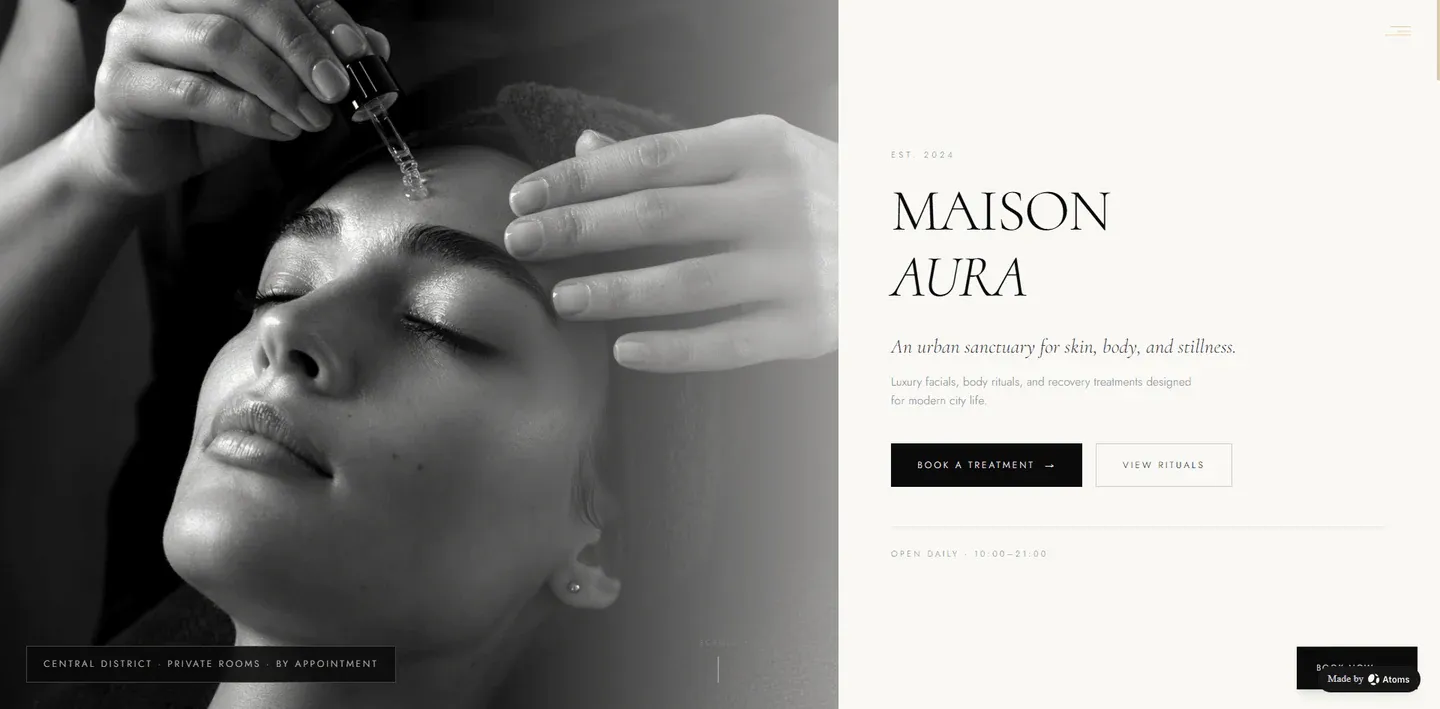 Create a premium static website for “MAISON AURA”, a luxury day spa located in the center of a modern city.