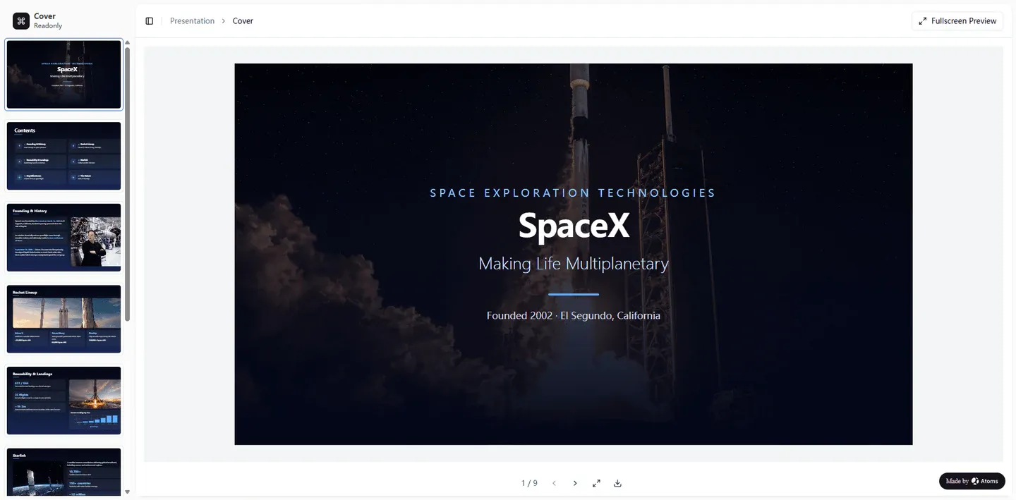 SpaceX Introduciton Slides example built with Atoms