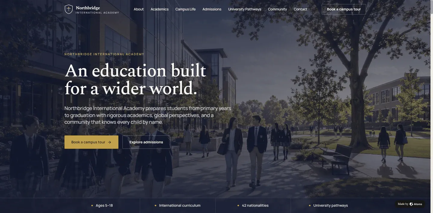 Create a premium static website for “Northbridge International Academy”, a high-end K–12 international school.