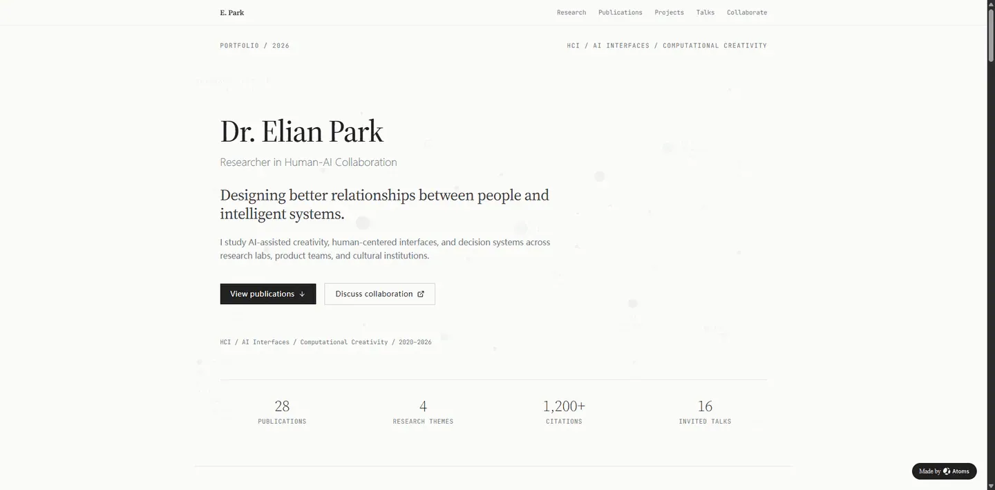 Academic Research Portfolio example built with Atoms