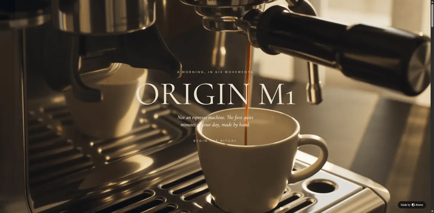 Create a non-traditional landing page for “ORIGIN M1”, a premium espresso machine.