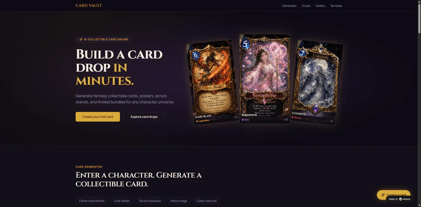Create a premium DIY Website Builder case for an anime/game collectible merchandise website called “CARD VAULT”.