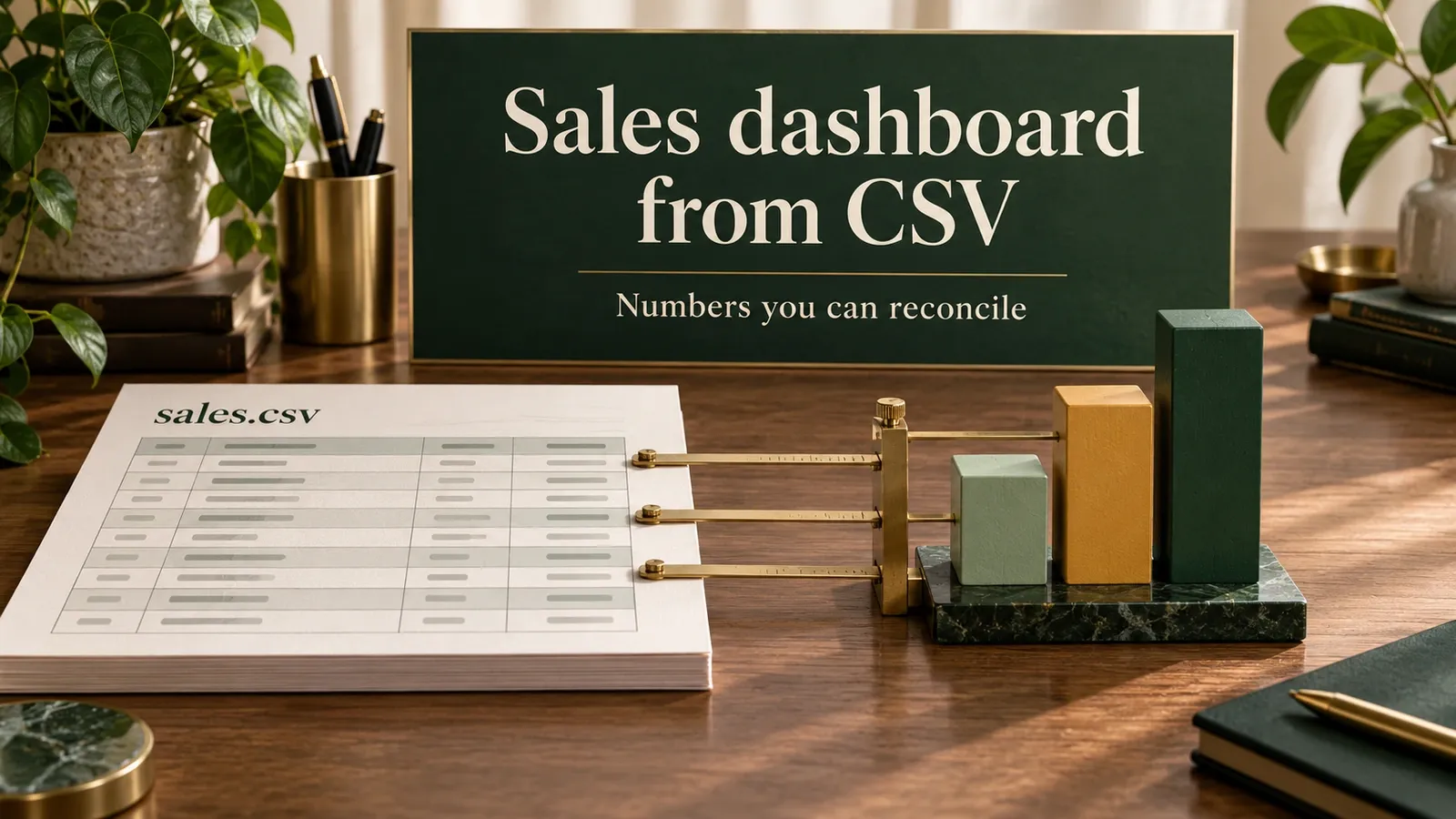 Sales CSV sheet, linked measuring bars and a labeled sales-dashboard board on a warm desk.