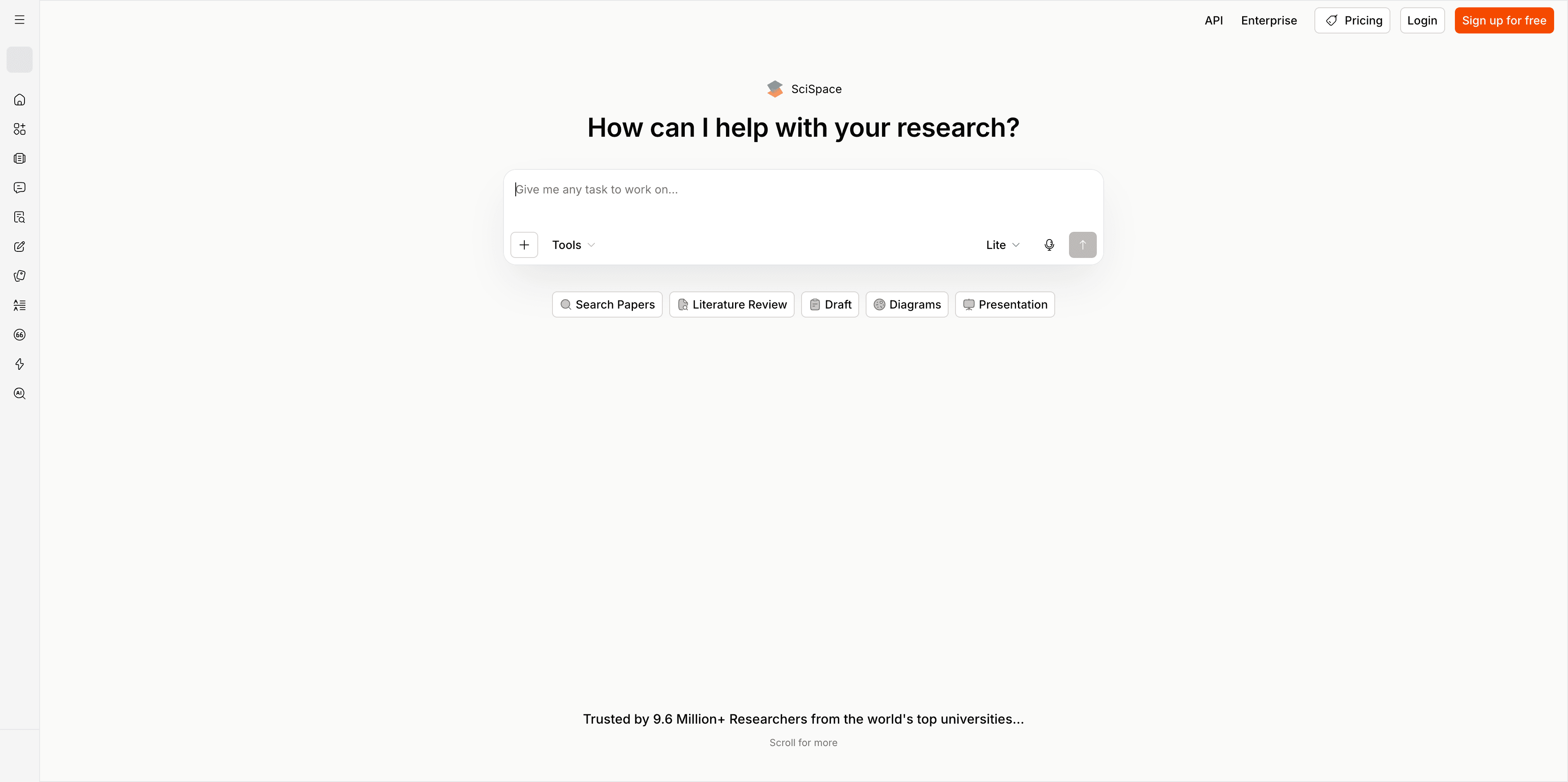 SciSpace research reading tool homepage screenshot