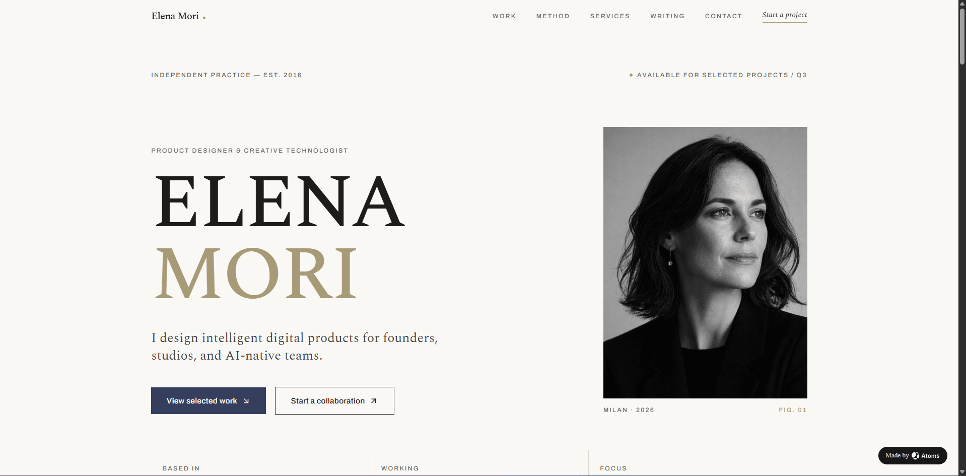 สร้างเว็บไซต์พอร์ตโฟลิโอส่วนตัวระดับพรีเมียมที่สร้างด้วย AI สำหรับ “ELENA MORI” นักออกแบบผลิตภัณฑ์อิสระและครีเอทีฟเทคโนโลยี