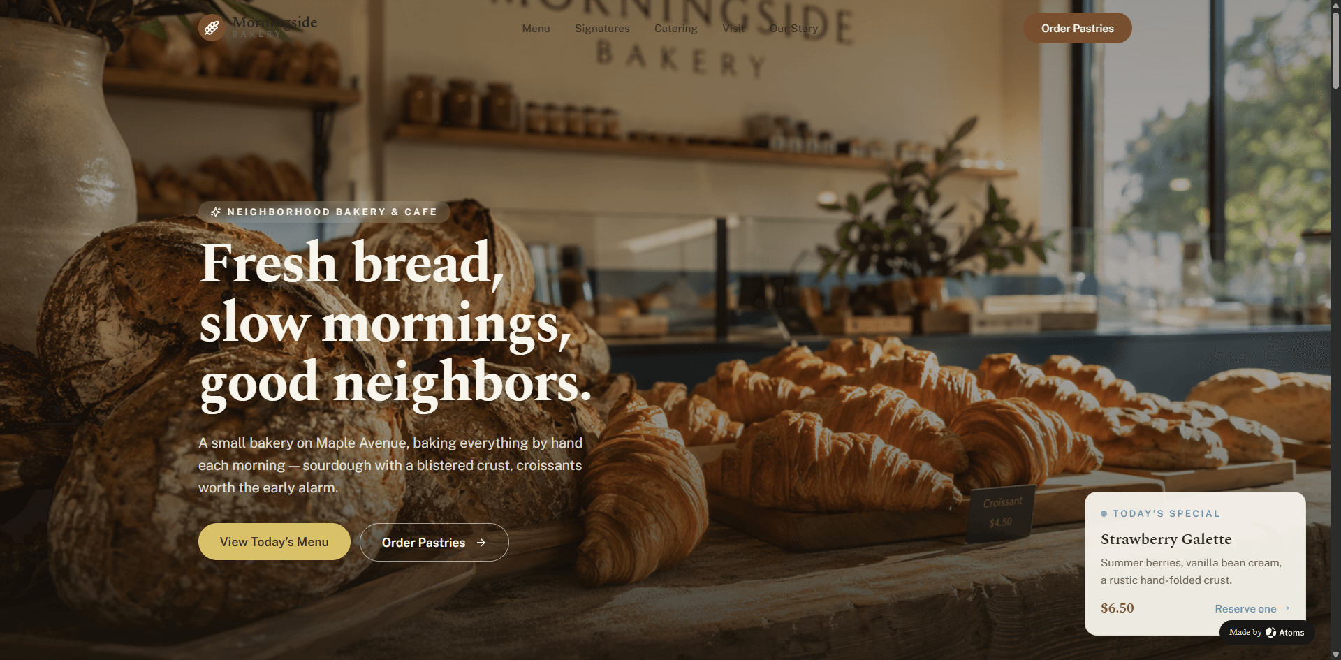 Skapa en exklusiv webbplats för ett lokalt kafé och bageri för ett kvartersvarumärke med namnet “Morningside Bakery”.
